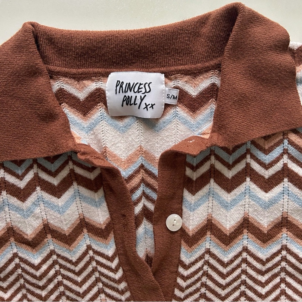 Princess Polly Brown Zigzag Knit Polo Top Cropped Short Sleeve Sweater Size S/M - Picture 2 of 7